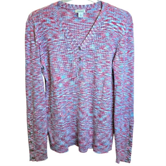 Sundance Ribbed Space-Dye Create Beauty Henley Sweater Large Blue Pink V-Neck - Picture 2 of 12